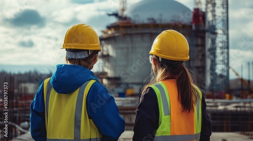 Two workers in safety gear observing a construction site for a large structure.