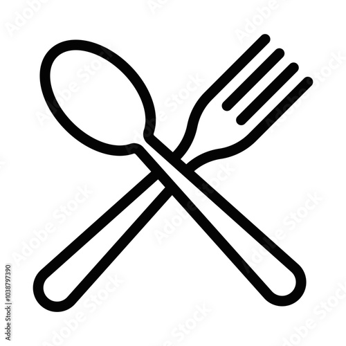 Minimalist vector icon of a crossed spoon and fork, representing food, dining, or cooking themes. Editable stroke.