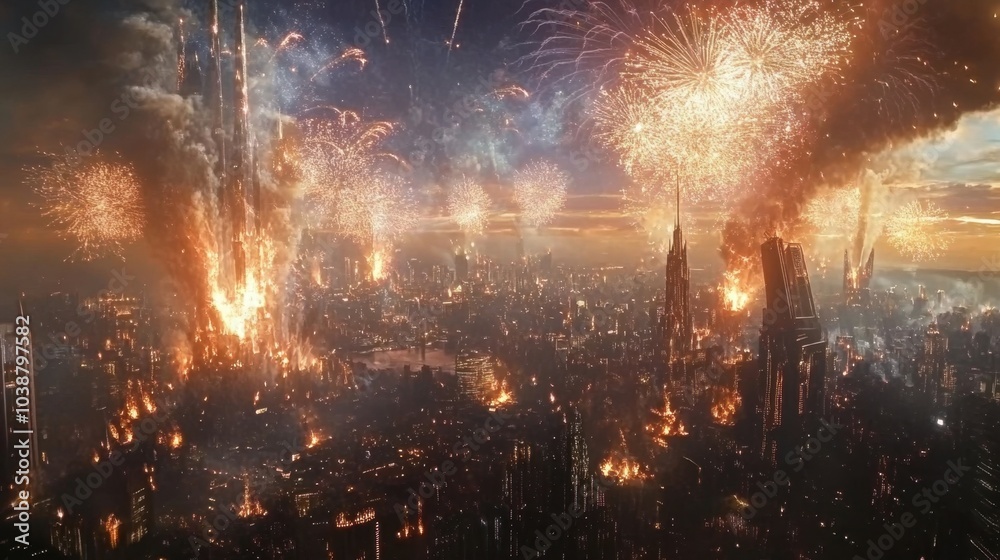 Fototapeta premium A highly detailed fireworks display above a cityscape, with intricate bursts and shimmering trails lighting up the skyline.