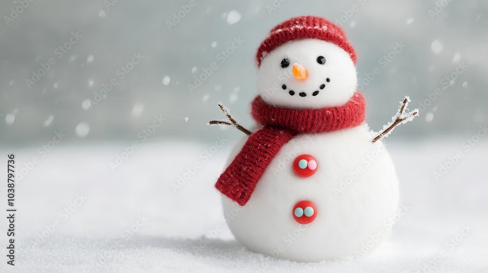 Fototapeta premium Snowman with candy buttons and a red wool scarf, adding sweetness to the snow