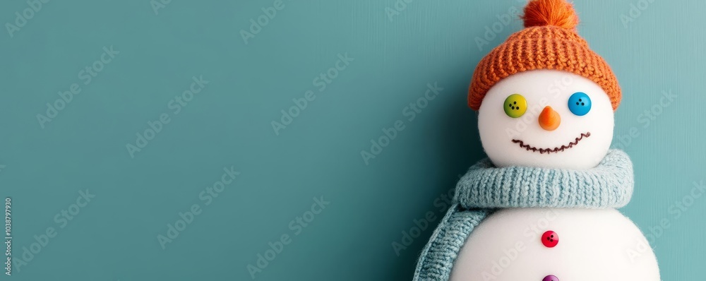 Fototapeta premium Snowman with colorful button eyes and a cheerful smile, winter joy