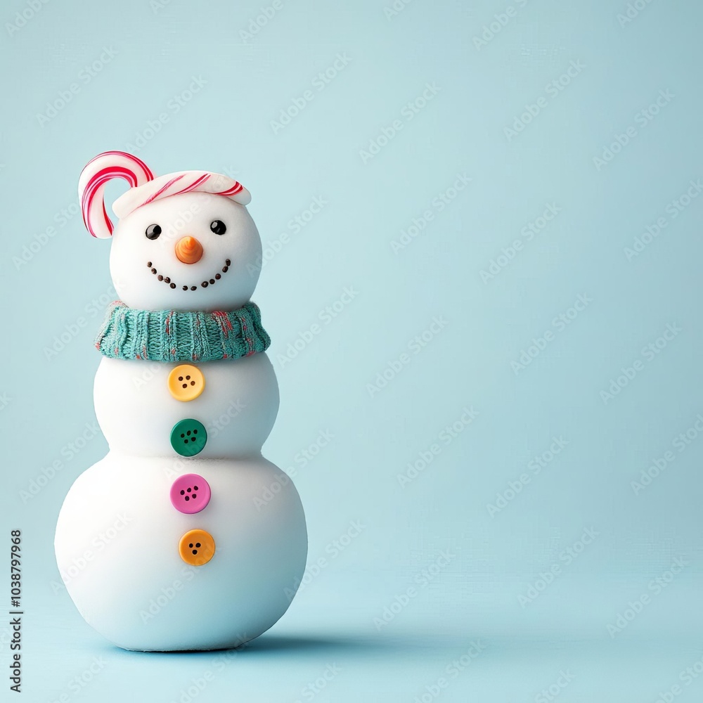 Snowman with colorful buttons and a candy cane nose, sweet winter fun Snowman with colorful buttons and a candy cane nose, sweet winter fun