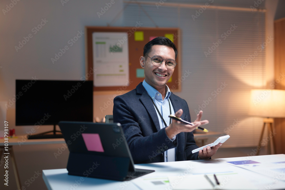 Asian businessman is working late at night in his office, smiling and holding a pen and calculator Asian businessman is working late at night in his office, smiling and holding a pen and calculator