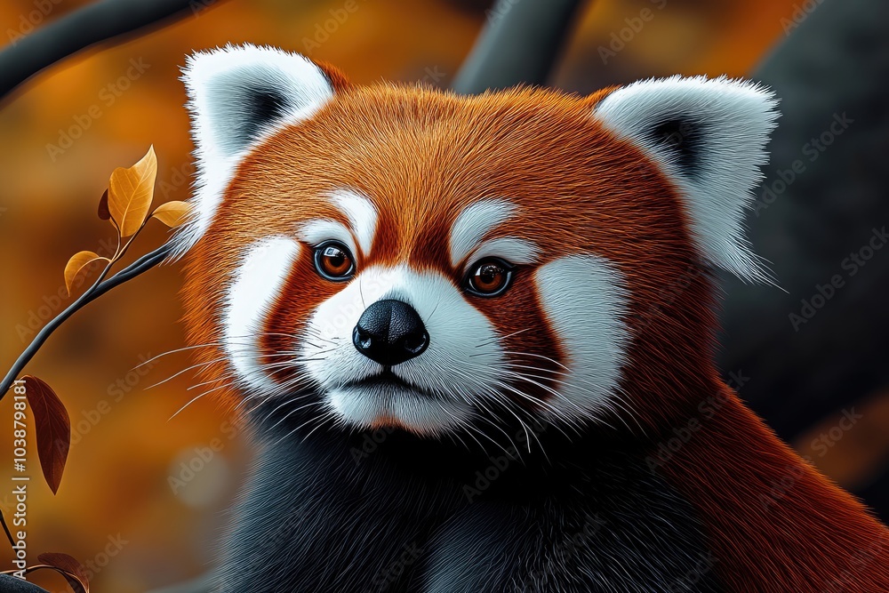 In a tranquil forest adorned with autumn foliage, a red panda gazes intently, its rich orange and white fur contrasting beautifully with the surrounding nature In a tranquil forest adorned with autumn foliage, a red panda gazes intently, its rich orange and white fur contrasting beautifully with the surrounding nature