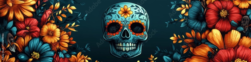Day of the Dead, el Dia de los Muertos Celebration, Sugar Skull and Flowers Background, with copy space, AI Generated Day of the Dead, el Dia de los Muertos Celebration, Sugar Skull and Flowers Background, with copy space, AI Generated