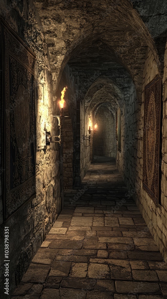 Fototapeta premium Dimly Lit Corridor in an Old Castle