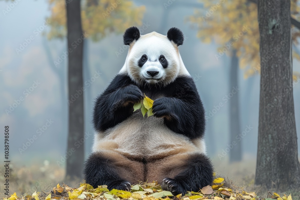 Obraz premium A playful panda sits contentedly, nibbling on a leaf amidst a colorful carpet of autumn leaves, surrounded by trees in a tranquil, misty forest