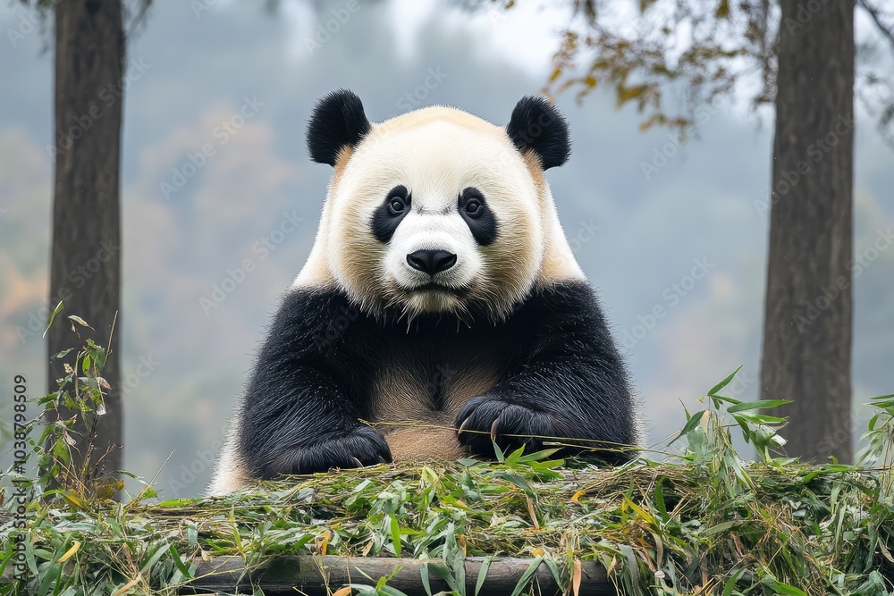 Obraz premium Amidst the tranquility of a misty forest, a panda enjoys a meal of vibrant green bamboo, showcasing its playful nature and the beauty of wildlife