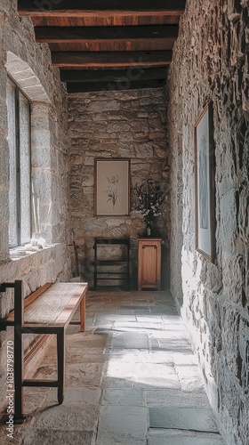 Tranquil Monastery Hallway with Stone Features