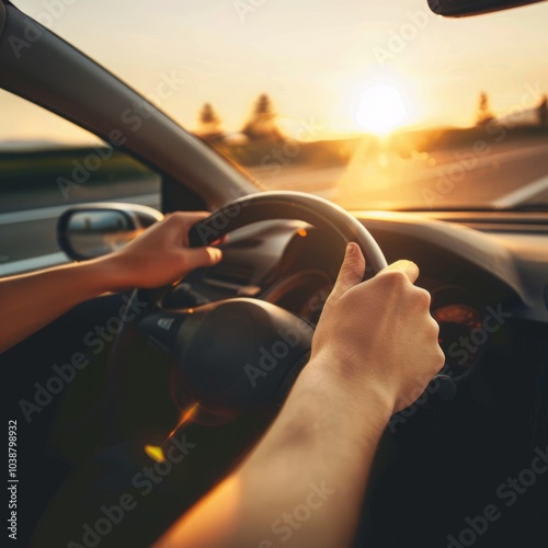 close up of hands on the steering wheel driving