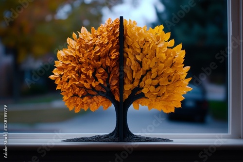 A single tree viewed through two windows, with each window showing a different season, highlighting subjective reality photo