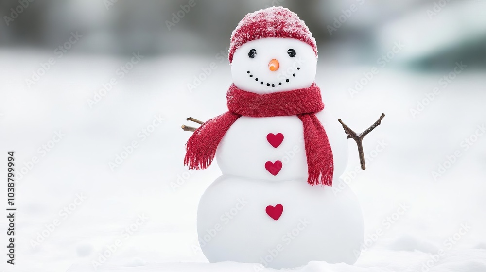 Fototapeta premium Snowman with heart-shaped buttons and a red scarf, standing in the snow