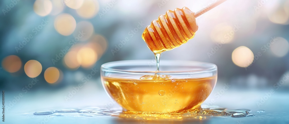 Golden honey drizzles from a wooden dipper into a clear bowl, creating a sweet and inviting scene.