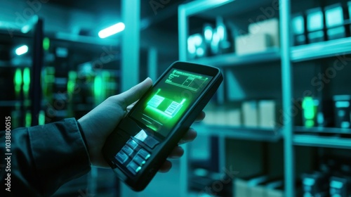 A hand holds a device displaying data in a dimly lit storage area with green lighting.