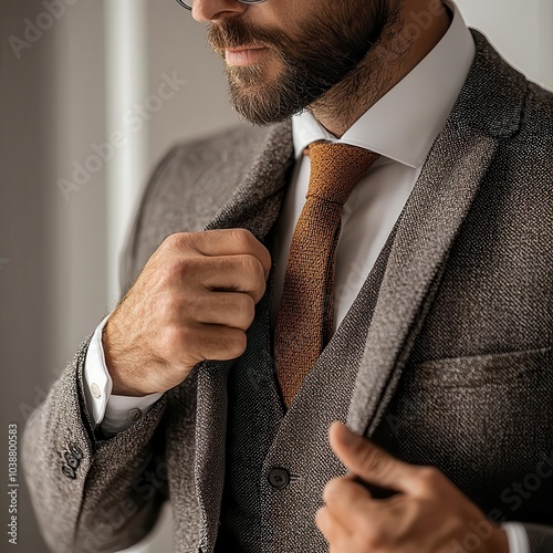 Man adjusting a Thanksgivingthemed tie in front of a mirror, Thanksgiving tie, predinner preparation photo