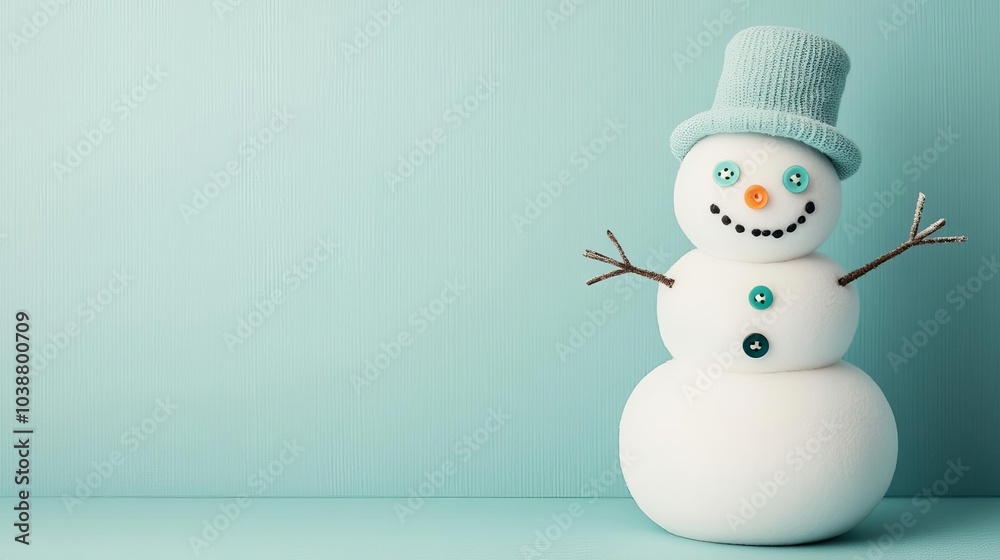 Snowman with mismatched button eyes and a happy expression, playful winter scene Snowman with mismatched button eyes and a happy expression, playful winter scene