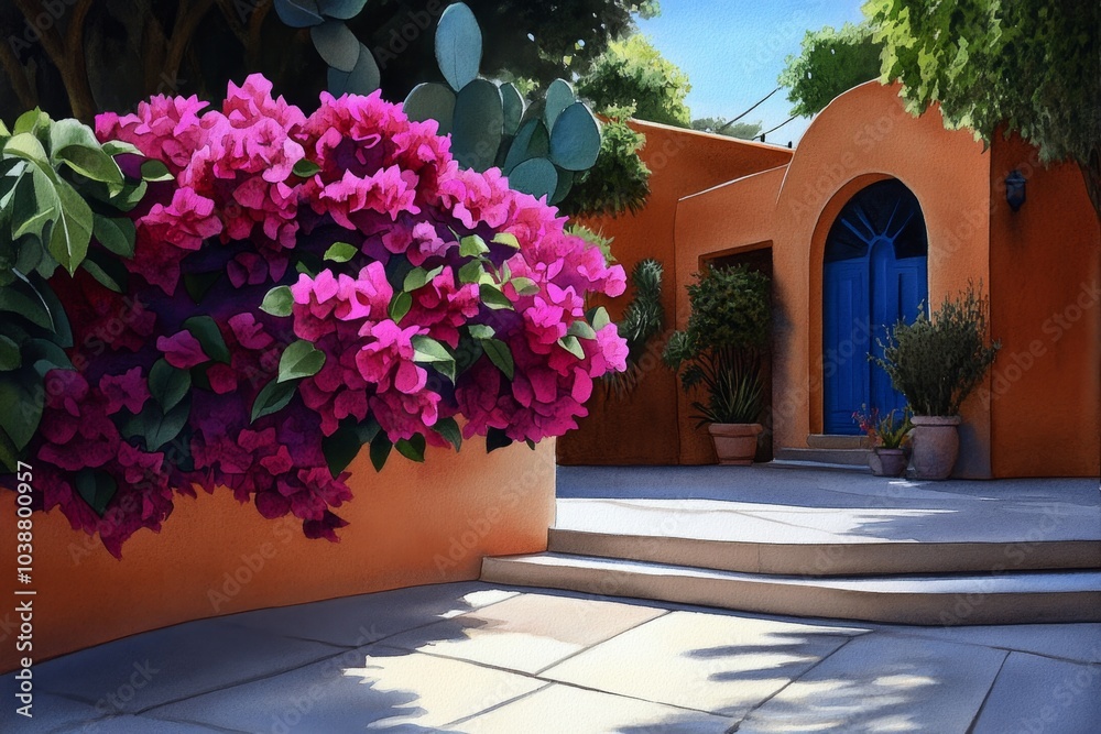 Fototapeta premium Bougainvillea blooms in watercolor, with soft pink and purple petals blending gently into a vibrant garden scene