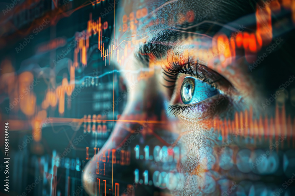 A woman's face is shown with a computer screen behind her A woman's face is shown with a computer screen behind her