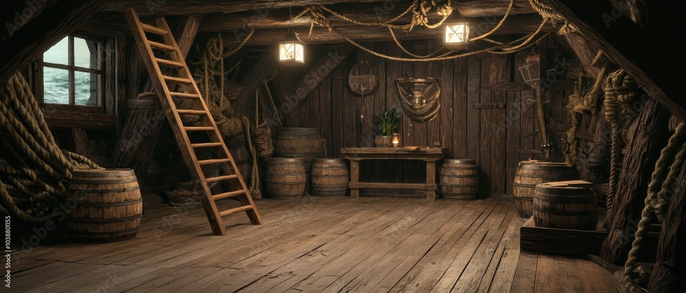 Nautical Cabin Interior with Weathered Wood, Lantern Light, and Rope Details, Evoking Solitude and Adventure Nautical Cabin Interior with Weathered Wood, Lantern Light, and Rope Details, Evoking Solitude and Adventure