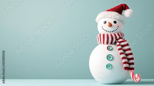 Snowman with mismatched buttons and a candy cane scarf, fun holiday design