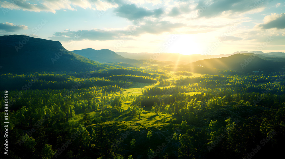 Obraz premium sunset over a vast green valley with sun rays illuminating the forested landscape, showcasing the serene beauty of nature and distant mountains