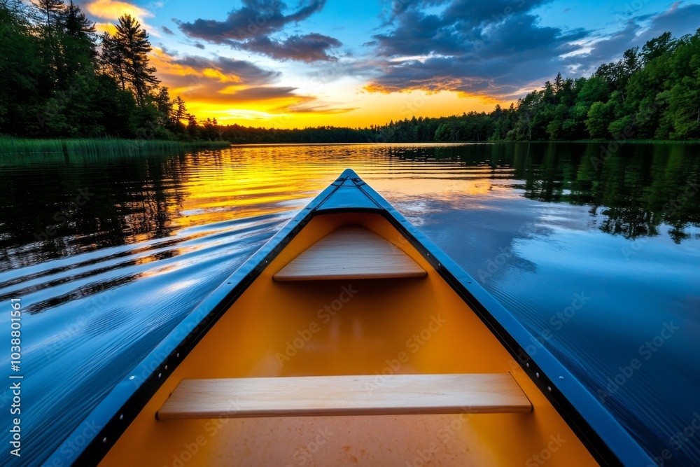 Fototapeta premium Canoe on a lake at sunset, with vibrant reflections on the water and calm, serene surroundings