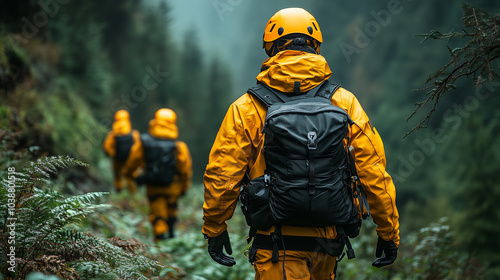 Rescuers in yellow gear working in forested mountains, dramatic scene