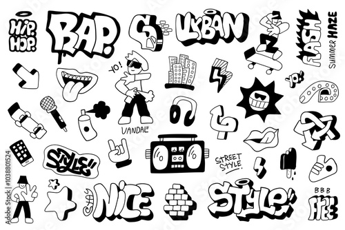 Summer city life graffiti style doodle characters objects sign and symbols , funny background for kids