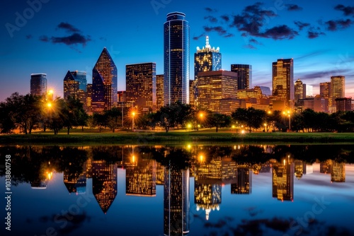 City skyline at dusk, with skyscrapers reflecting the last rays of sunlight and city lights just beginning to twinkle