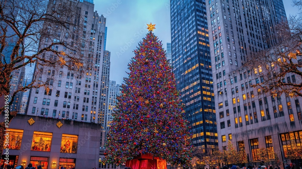 Obraz premium Festive New York Style Christmas Tree Lighting Celebration Generative AI