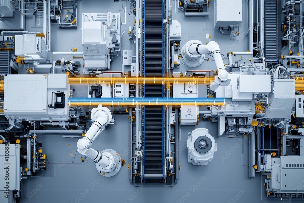 Precision Engineering Symmetrical Macro View of Modern Industrial Automation, Robotic Assembly Line in Clean Factory Environment - Futuristic Technology Concept Precision Engineering Symmetrical Macro View of Modern Industrial Automation, Robotic Assembly Line in Clean Factory Environment - Futuristic Technology Concept