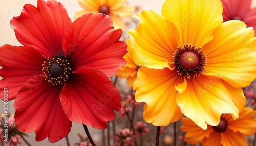Close-up of vibrant red and yellow flowers in full bloom