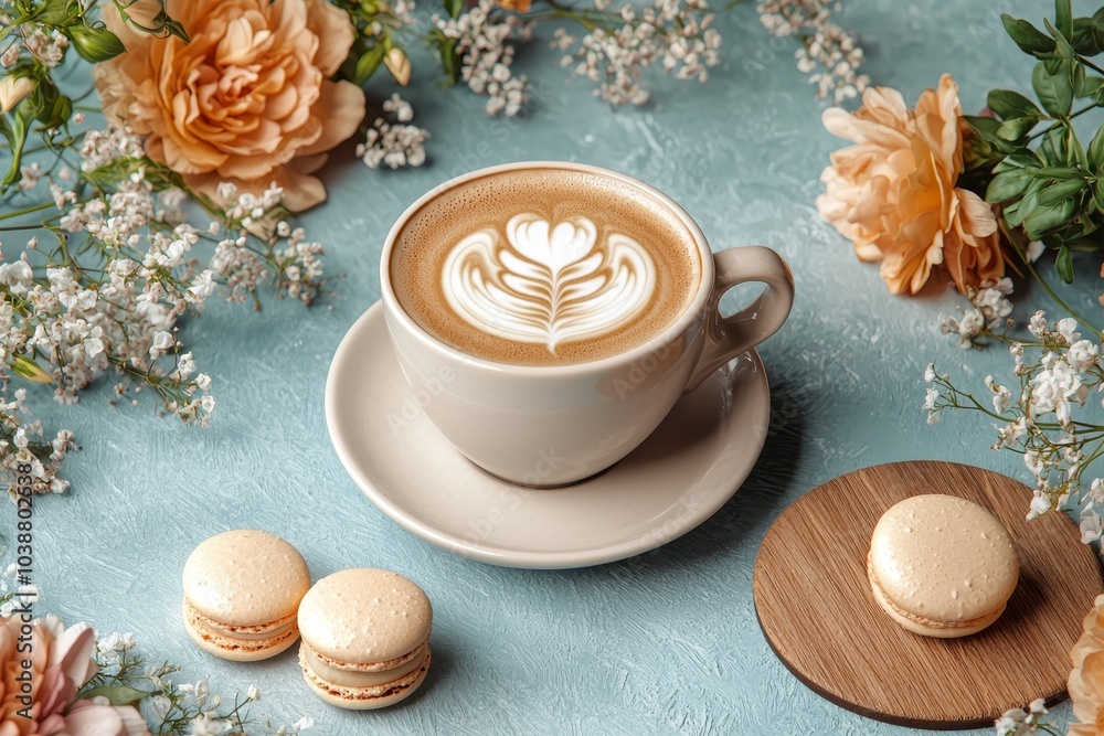 Serenity in a Cup Closeup of Latte Art Coffee, Floral Deco on Blue Background - Relaxation, Coffee Shop Ambiance Serenity in a Cup Closeup of Latte Art Coffee, Floral Deco on Blue Background - Relaxation, Coffee Shop Ambiance