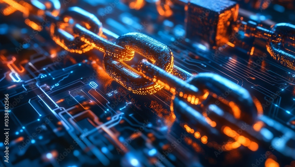 A glowing chain link on a circuit board, symbolizing blockchain technology. 