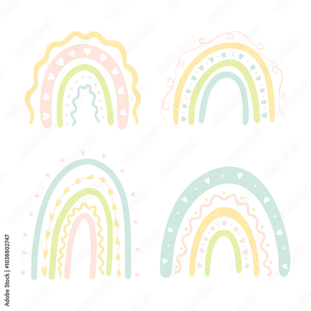 Cartoon rainbows with hearts, in pastel colors, isolated on a white background. Cute bright colorful arch elements isolated vector set for baby or kids design. Rainbow shaped collection Cartoon rainbows with hearts, in pastel colors, isolated on a white background. Cute bright colorful arch elements isolated vector set for baby or kids design. Rainbow shaped collection