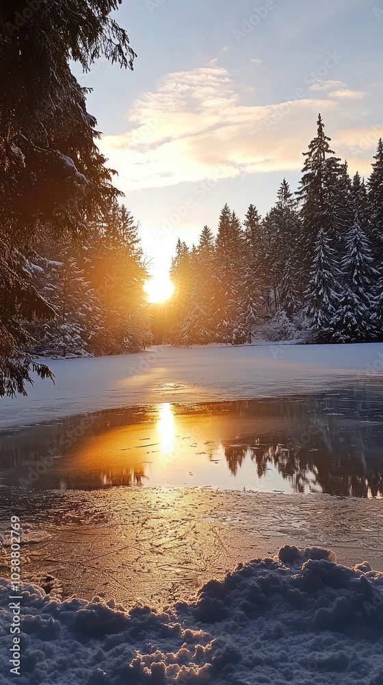 Serene Frozen Lake at Sunrise with Golden Reflections Serene Frozen Lake at Sunrise with Golden Reflections