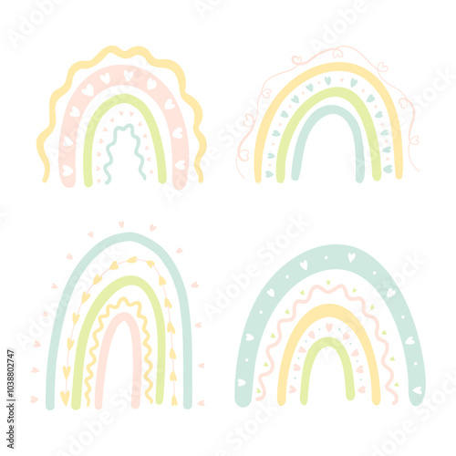 Cartoon rainbows with hearts, in pastel colors, isolated on a white background. Cute bright colorful arch elements isolated vector set for baby or kids design. Rainbow shaped collection