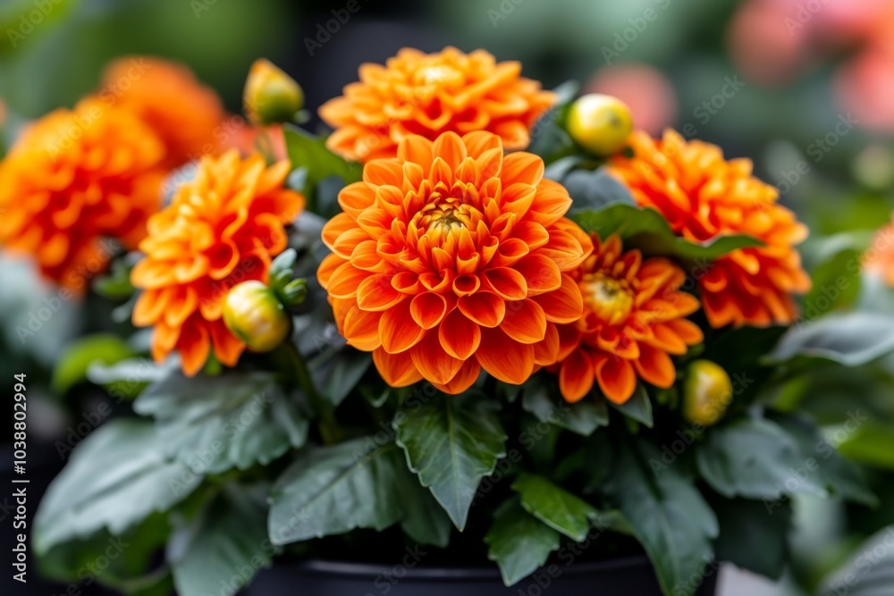 Dahlia blossoms in full bloom, with layers of bright red and orange petals glowing in the summer sunlight