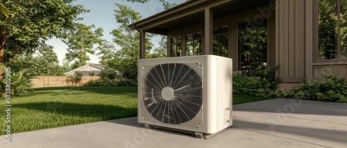 Tranquil Outdoor Air Conditioning Unit by Modern House in Lush Greenery - Home Comfort Concept