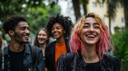 Joyful colleagues of different ethnicities walking together in vibrant outdoor setting, sharing laughter and camaraderie. Their diverse styles and expressions reflect sense of unity and friendship