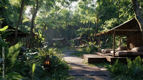 Fototapeta Naklejka Na Ścianę i Meble -  Serene Jungle Retreat with Ranger Barracks