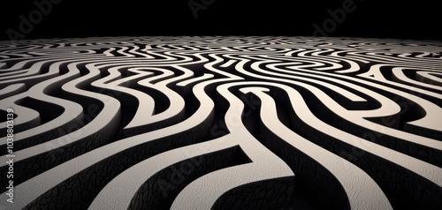 Intricate White Maze on Textured Black Surface, Dramatic Lighting and Shadows, Concept of Complexity and Challenge