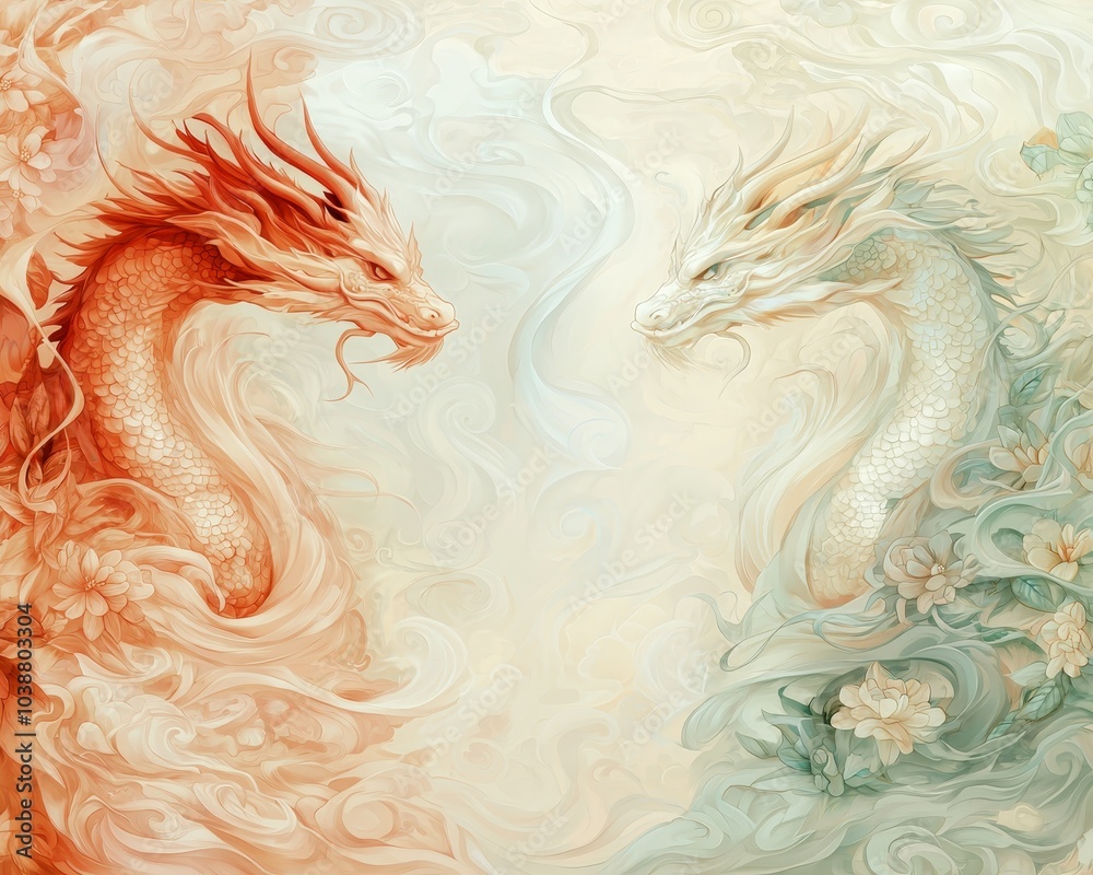 Fototapeta premium Ethereal Encounter of Red and White Dragons in Abstract Harmony
