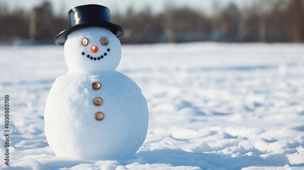 Obraz premium Snowman with shiny buttons standing in a snow-covered field, capturing winter joy