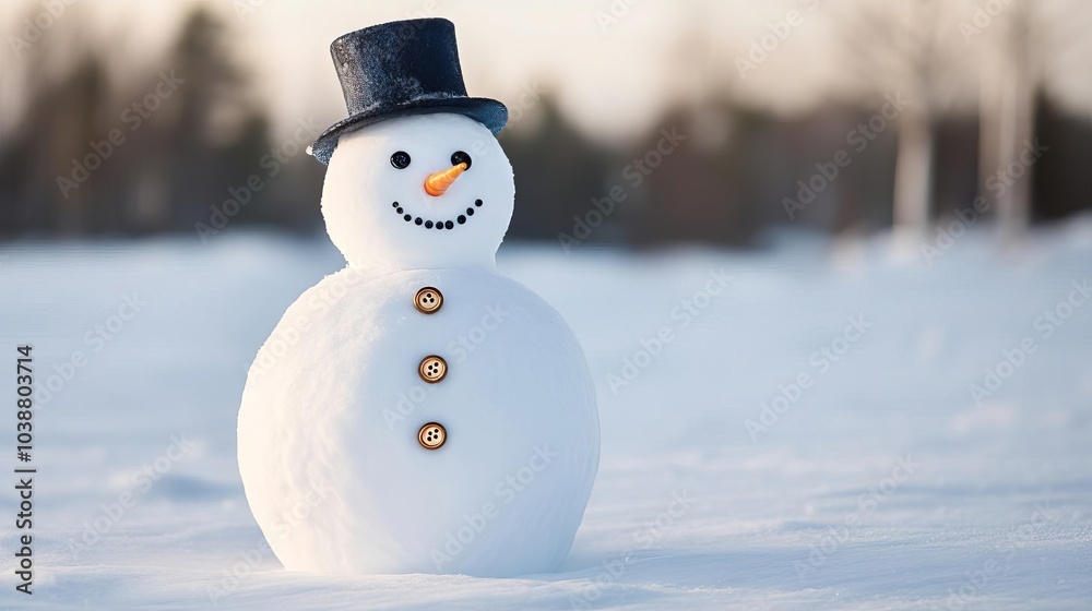 Obraz premium Snowman with shiny buttons standing in a snow-covered field, capturing winter joy