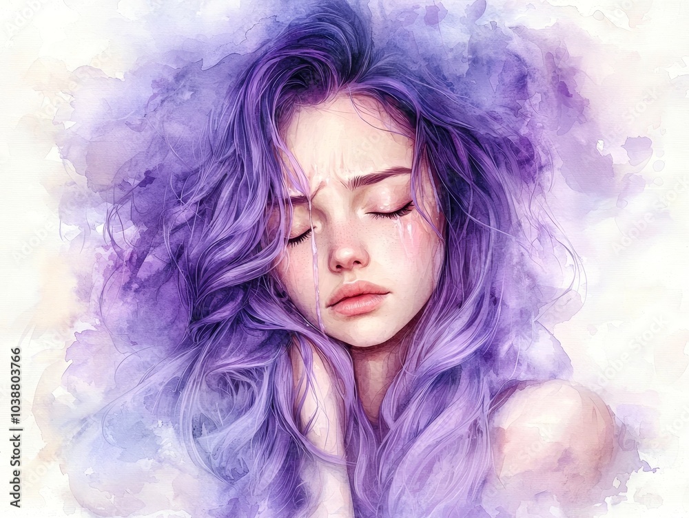 Ethereal Vision Closeup Portrait of Young Woman with Flowing Purple Hair, Tears of Sadness in Dreamy Watercolor Wash Background - Emotional Artistic Concept for Novel, Social Media, or Print Use Ethereal Vision Closeup Portrait of Young Woman with Flowing Purple Hair, Tears of Sadness in Dreamy Watercolor Wash Background - Emotional Artistic Concept for Novel, Social Media, or Print Use