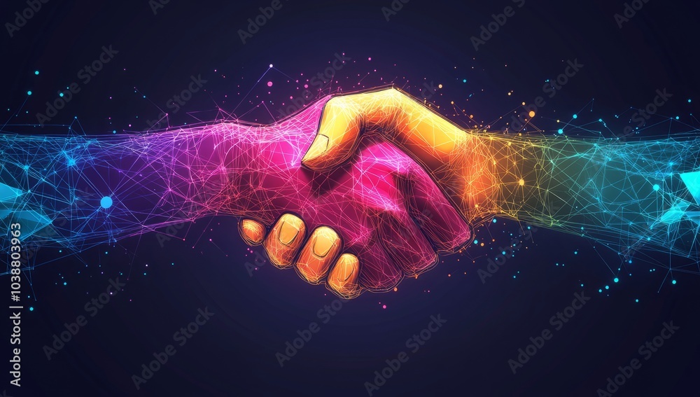 wo hands shaking, symbolizing unity and collaboration in a digital world. wo hands shaking, symbolizing unity and collaboration in a digital world.