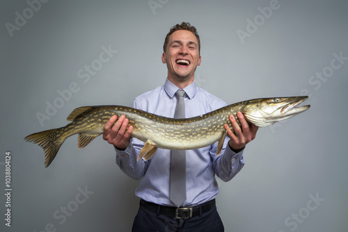 Cheerful businessman holds a huge pike in his hands. photo