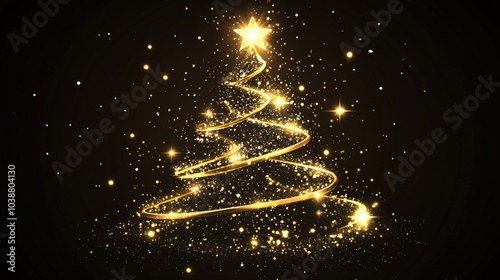 Christmas Tree with Golden Ribbon Swirls and Sparkling Star Details