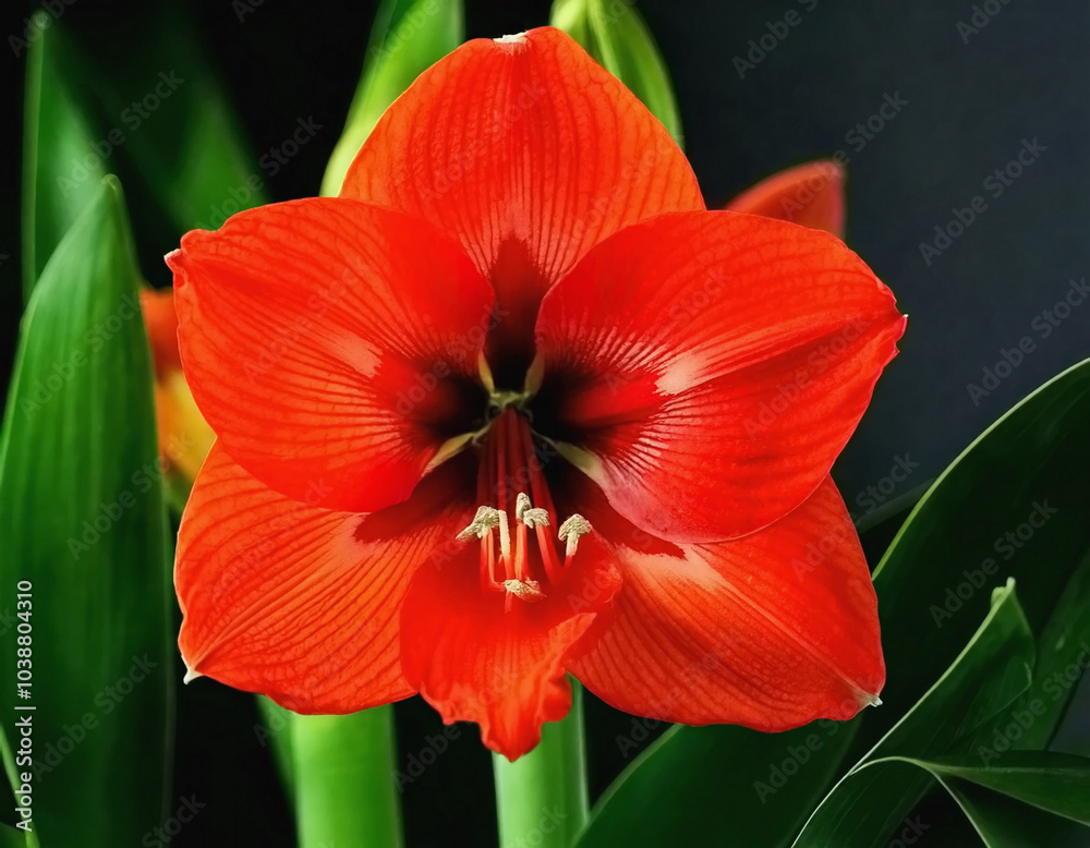 close-up red Amaryllis with green foliage AI close-up red Amaryllis with green foliage AI